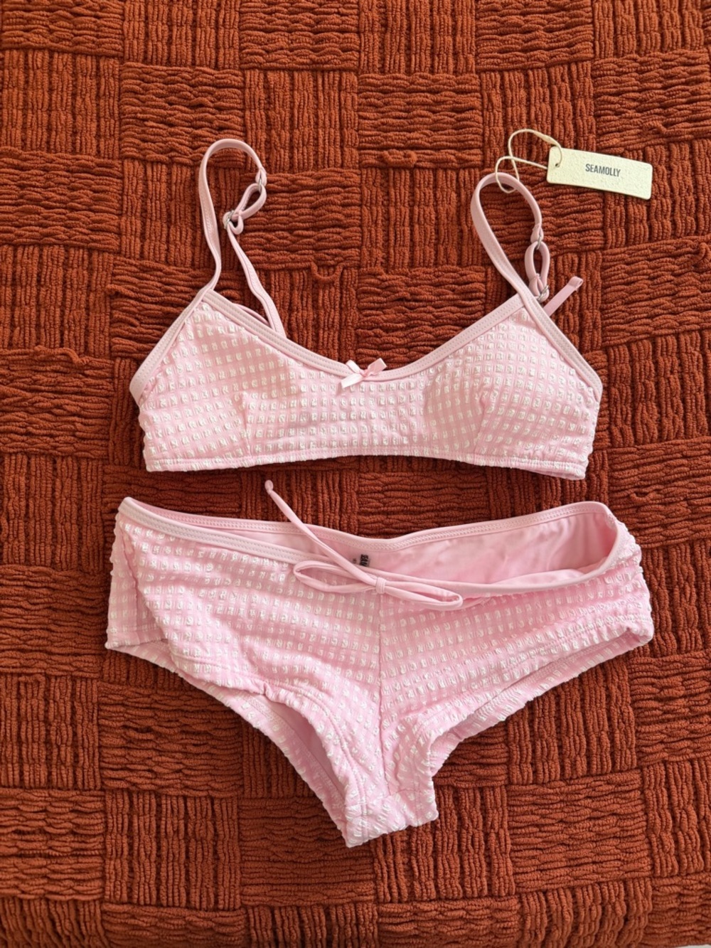 SEAMOLLY GINGHAM TEXTURED BOWKNOT BRALETTE BOYSHORTS BIKINI SET IN LIGHT PINK